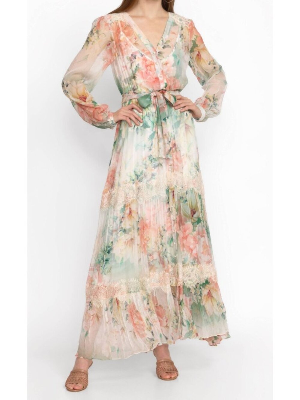 Johnny Was Ruksana Ivory Pink Floral Green Silk Long Sleeve Maxi Dress Medium